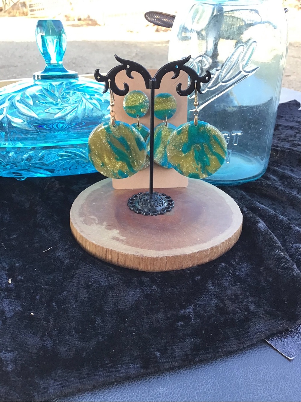Handmade Blue-Gold Swirl Resin Earrings -